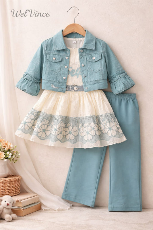 Cute Girls Dress with Jacket & Trouser Set