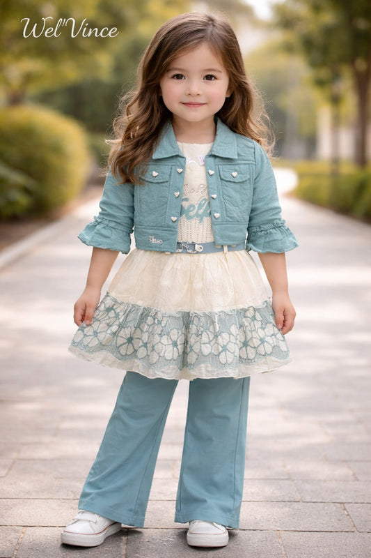 Cute Girls Dress with Jacket & Trouser Set