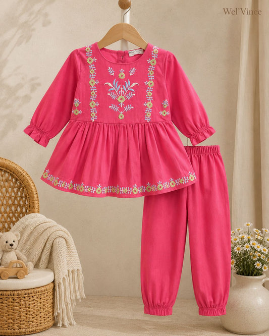 Rosé Bloom Embroidered Girls Co-Ord Set