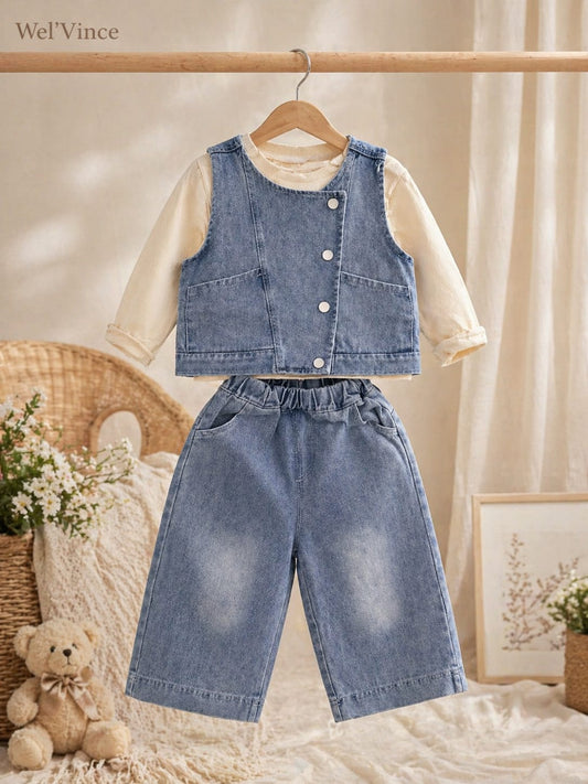 Girls Denim Layered Co-Ord Pant Set