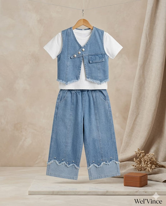 Girls Denim Vest & Wide-Leg Co-Ord Set