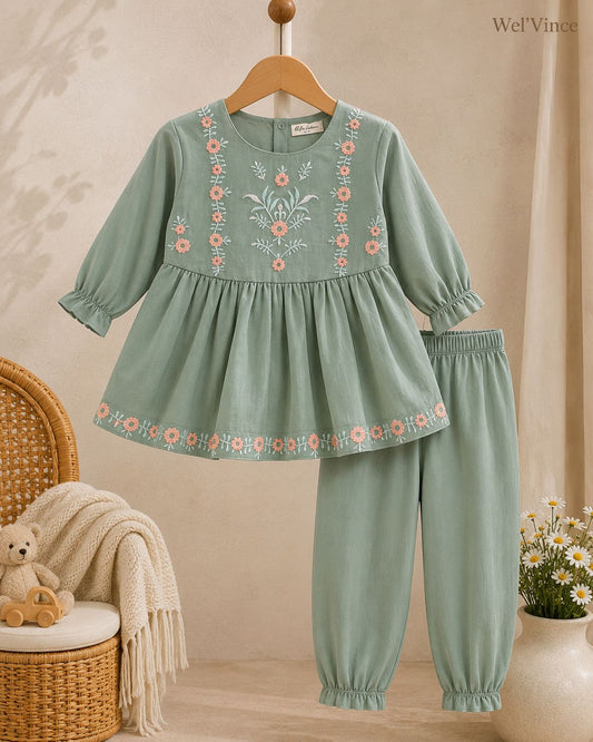 Rosé Bloom Embroidered Girls Co-Ord Set